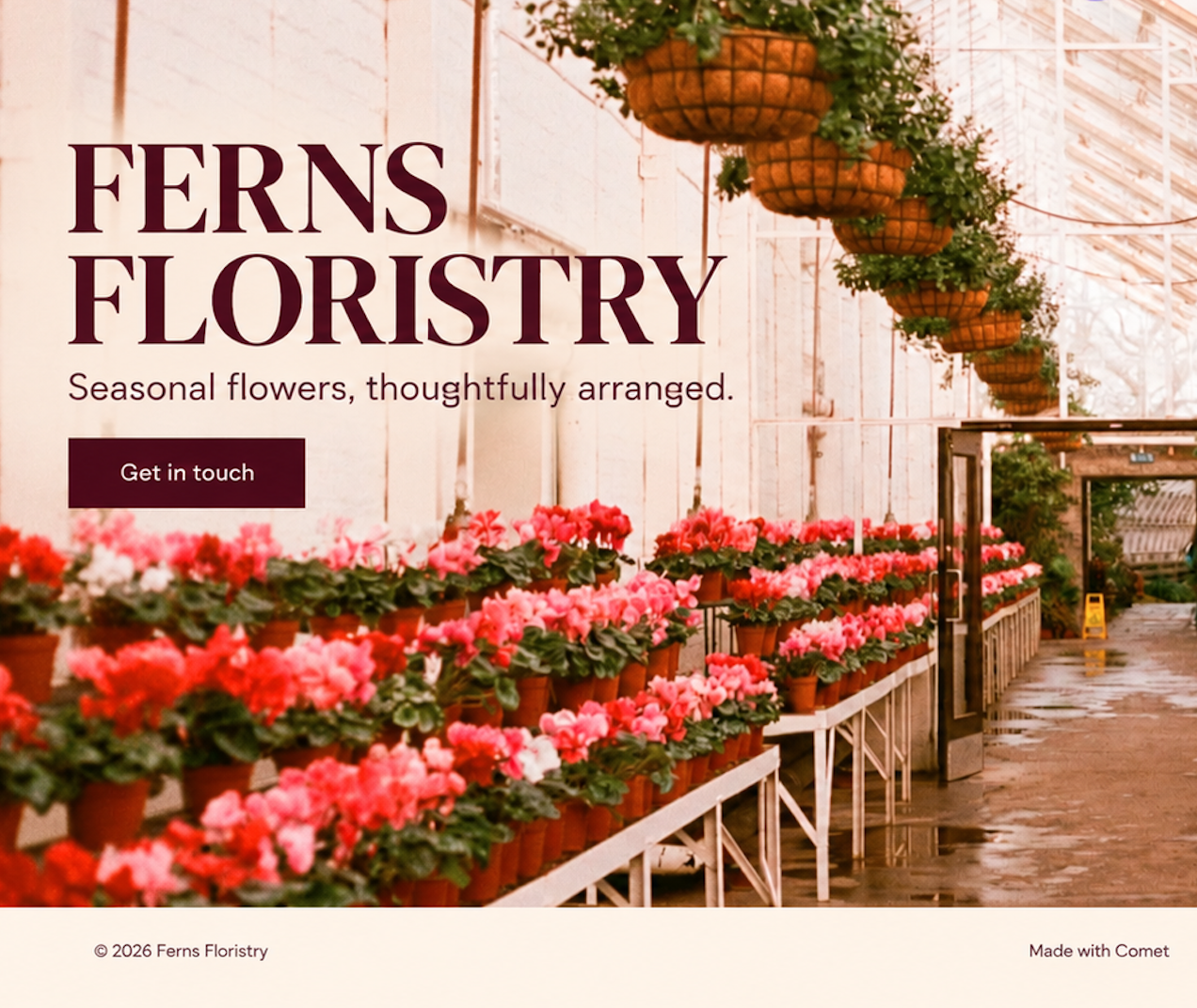 Ferns Floristry website with a flower-filled greenhouse, seasonal flowers tagline and Get in touch button