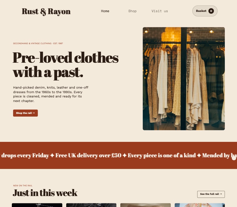 Rust & Rayon vintage clothing shop website with a rail of knitwear and the headline Pre-loved clothes with a past