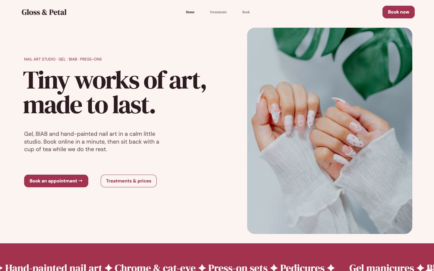 Comet’s Studio layout: a nail studio website with the headline Tiny works of art, made to last, a Book an appointment button and a photo of painted nails