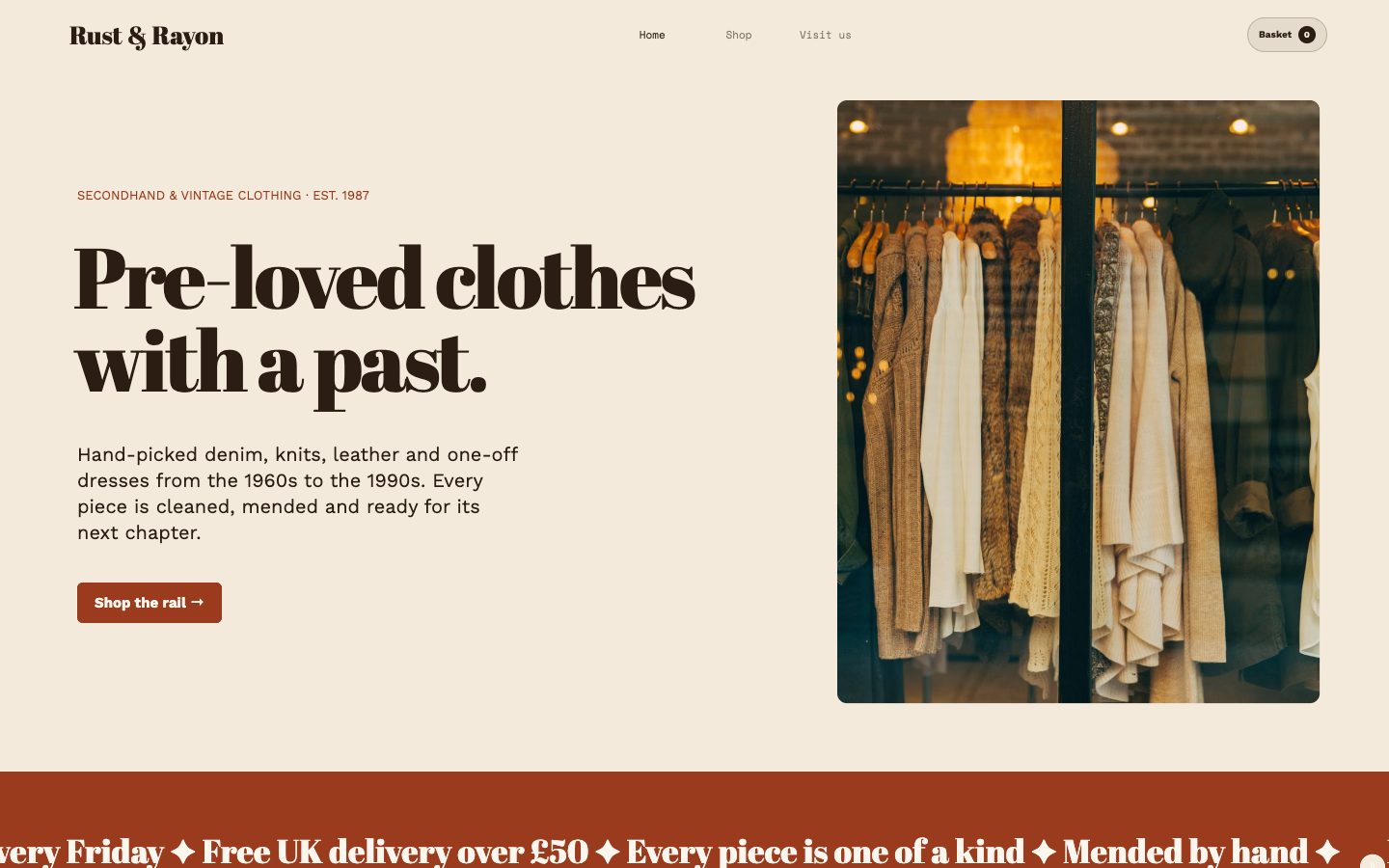 Comet’s Shop layout: a vintage clothing shop website with the headline Pre-loved clothes with a past, a Shop the rail button and a photo of a clothes rail