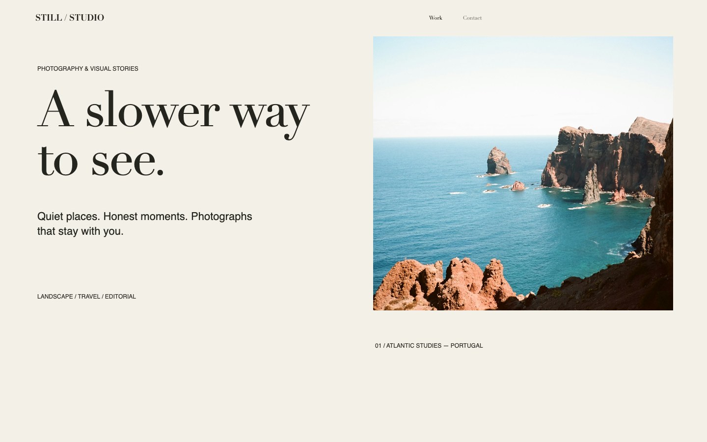 Comet's Photography layout: a large photograph of sea cliffs beside the headline A slower way to see