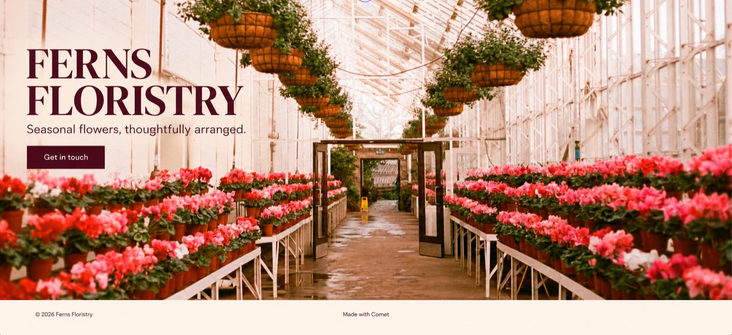 Ferns Floristry website: the name in large letters over a greenhouse full of pink and red flowers, with a Get in touch button